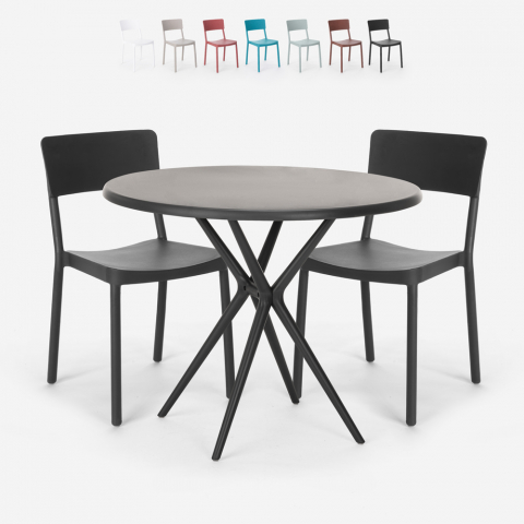 Set met ronde zwarte tafel 80x80 cm en 2 stoelen in modern design Aminos Dark Aanbieding
