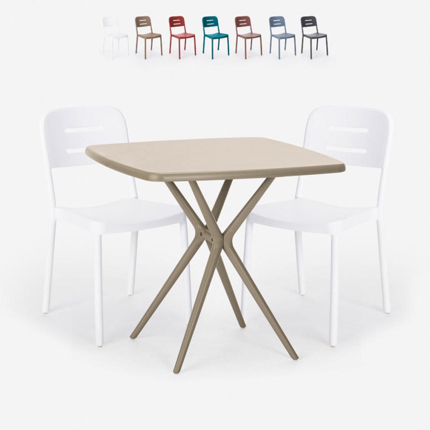 Set met vierkante beige polypropyleen tafel 70x70 cm en 2 design stoelen Larum Karakteristieken Set met vierkante beige polypropyleen tafel 70x70 cm en 2 design stoelen Larum Karakteristieken