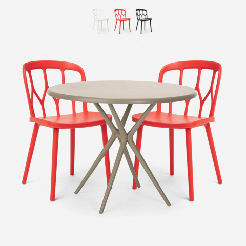 Set 2 stoelen polypropyleen design tafel 80x80cm rond beige Kento