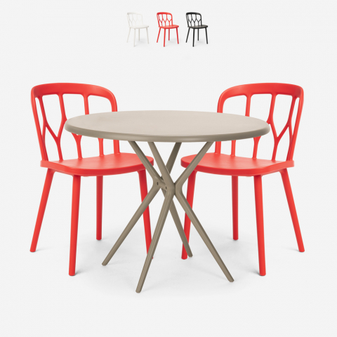 Set met 2 design stoelen en ronde beige tafel 80x80 cm van polypropyleen Kento Aanbieding