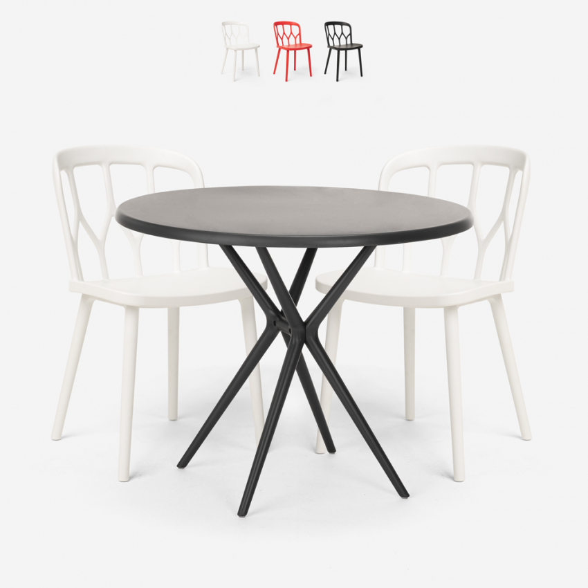 Set met ronde zwarte tafel 80x80 cm en 2 polypropyleen stoelen Kento Dark Verkoop