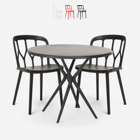 Ronde zwarte tafel set 80x80cm 2 polypropyleen stoelen Kento Dark