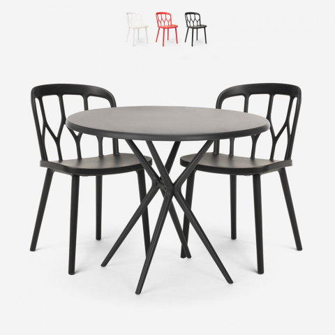 Set met ronde zwarte tafel 80x80 cm en 2 polypropyleen stoelen Kento Dark Aanbieding