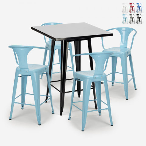 Set met hoge zwarte metalen tafel 60x60 cm en 4 barkrukken Bucket Black Aanbieding