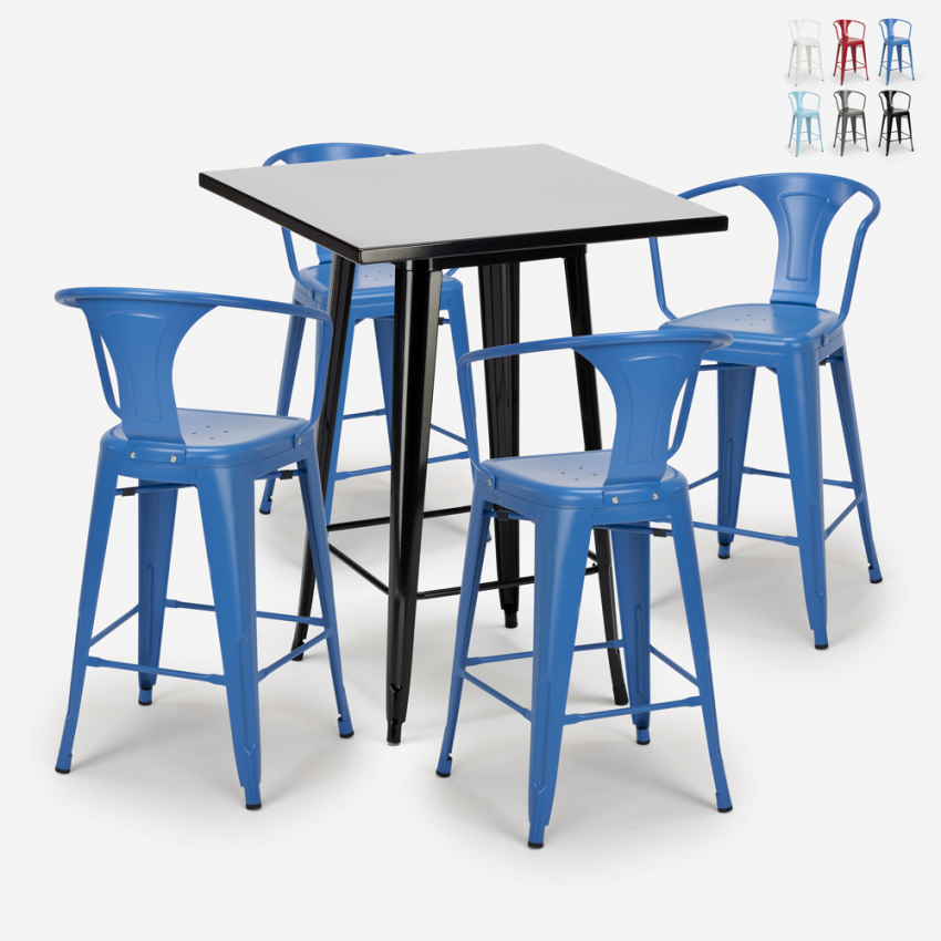 Set met hoge zwarte metalen tafel 60x60 cm en 4 barkrukken Bucket Black Aanbod