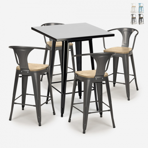 Keukenset bar zwart industriële tafel 60x60cm 4 tolix krukken Bucket Black Top Light