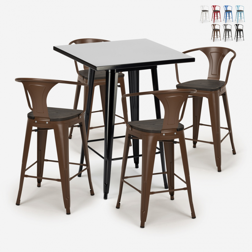 Set met hoge zwarte metalen tafel 60x60 cm en 4 barkrukken Bucket Wood Black Catalogus Set met hoge zwarte metalen tafel 60x60 cm en 4 barkrukken Bucket Wood Black Catalogus
