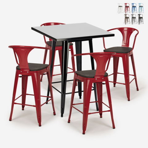 Set met hoge zwarte metalen tafel 60x60 cm en 4 barkrukken Bucket Wood Black Aanbieding