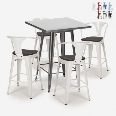 Set met hoge zwarte metalen tafel 60x60 cm en 4 barkrukken Bucket Wood Aanbieding