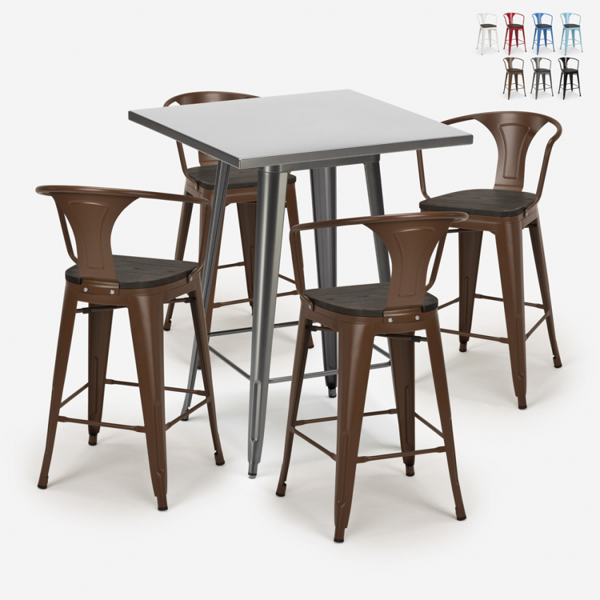 Set met hoge zwarte metalen tafel 60x60 cm en 4 barkrukken Bucket Wood Kortingen Set met hoge zwarte metalen tafel 60x60 cm en 4 barkrukken Bucket Wood Kortingen