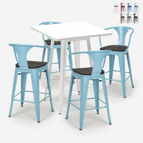 Set met hoge witte metalen tafel 60x60 cm en 4 barkrukken Bucket Wood White Aanbieding