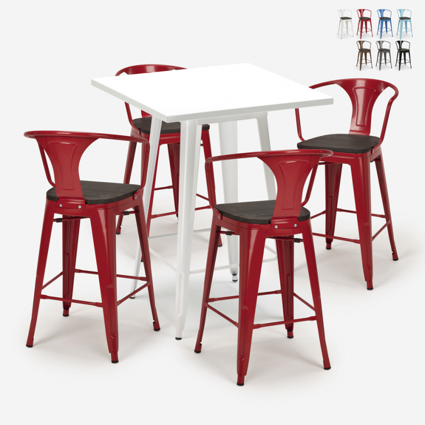 Set met hoge witte metalen tafel 60x60 cm en 4 barkrukken Bucket Wood White Voorraad Set met hoge witte metalen tafel 60x60 cm en 4 barkrukken Bucket Wood White Voorraad