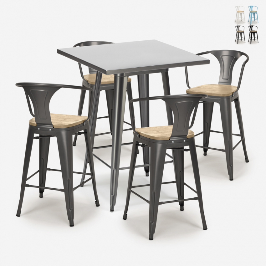 Set met hoge metalen tafel 60x60 cm en 4 barkrukken Bucket Top Light Korting