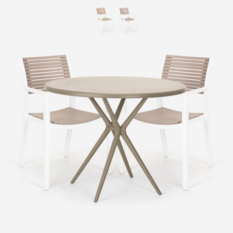 Set met ronde beige tafel 80x80 cm en 2 polypropyleen design stoelen Fisher Aanbieding