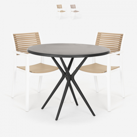 Set met ronde zwarte tafel 80x80 cm en 2 polypropyleen design stoelen Fisher Dark Aanbieding