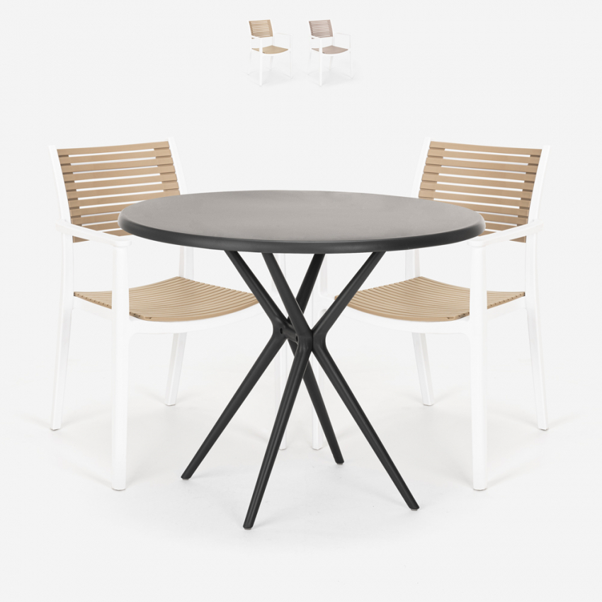 Set met ronde zwarte tafel 80x80 cm en 2 polypropyleen design stoelen Fisher Dark Aanbieding