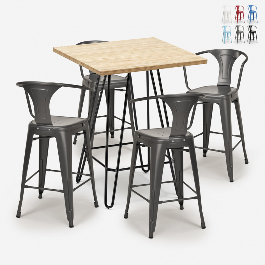 Industriële set met 4 barkrukken en een tafel 60x60 cm Mason Kortingen