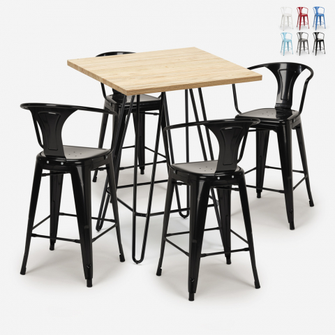 Industriële set met 4 barkrukken en een tafel 60x60 cm Mason Aanbieding