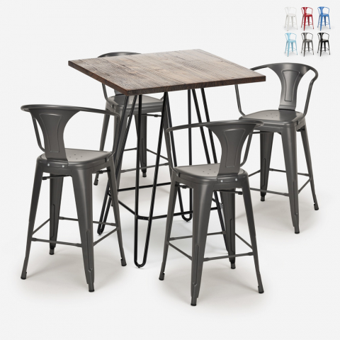Industriële set met 4 barkrukken en een tafel 60x60 cm Mason Noix Aanbieding