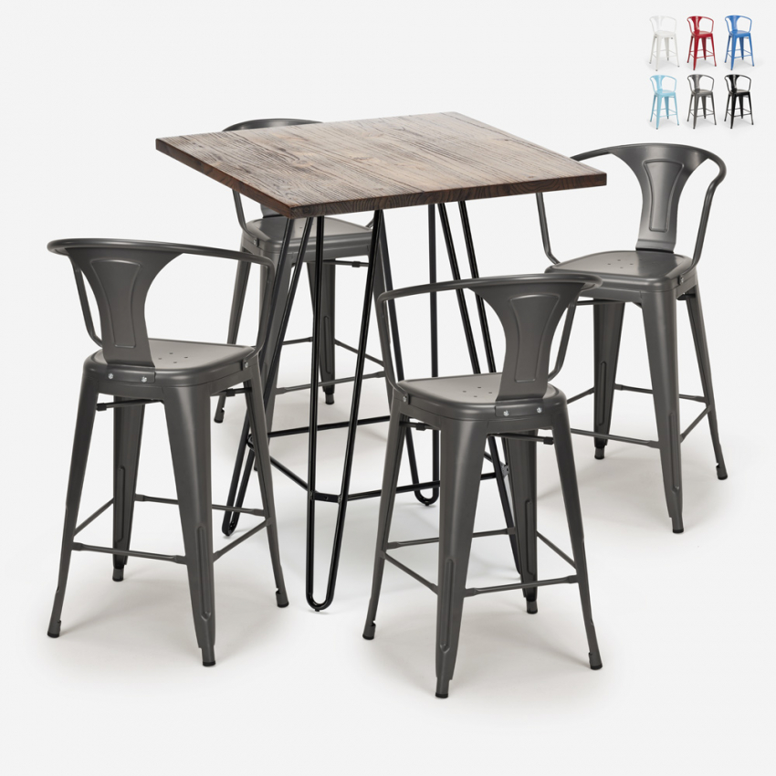 Industriële set met 4 barkrukken en een tafel 60x60 cm Mason Noix Aanbieding