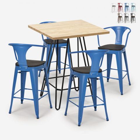 Industriële set met 4 barkrukken en een tafel 60x60 cm van staal en hout Mason Wood Aanbieding