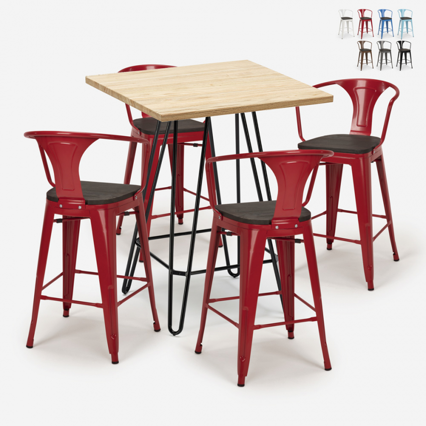 Industriële set met 4 barkrukken en een tafel 60x60 cm van staal en hout Mason Wood Voorraad Industriële set met 4 barkrukken en een tafel 60x60 cm van staal en hout Mason Wood Voorraad