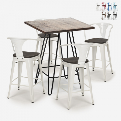Industriële set met 4 barkrukken en een tafel 60x60 cm Mason Noix Wood Aanbieding
