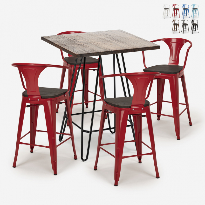 Industriële set met 4 barkrukken en een tafel 60x60 cm Mason Noix Wood Voorraad
