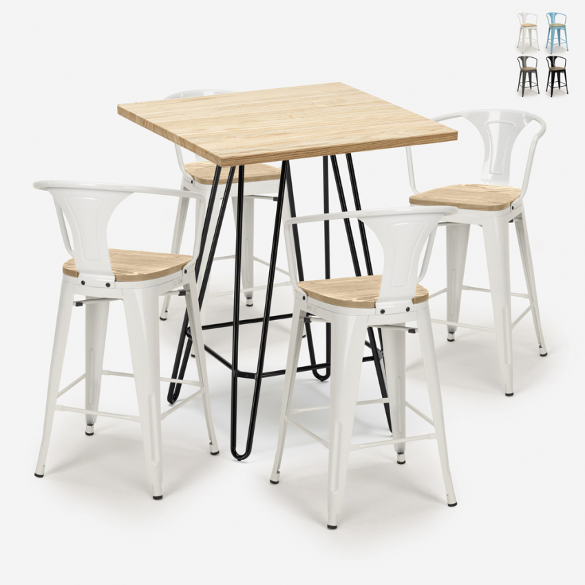 Industriële set met 4 barkrukken en een tafel 60x60 cm van hout en staal Mason Top Light Aanbod Industriële set met 4 barkrukken en een tafel 60x60 cm van hout en staal Mason Top Light Aanbod