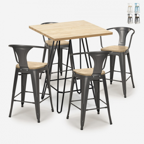 Industriële set met 4 barkrukken en een tafel 60x60 cm van hout en staal Mason Top Light Aanbieding