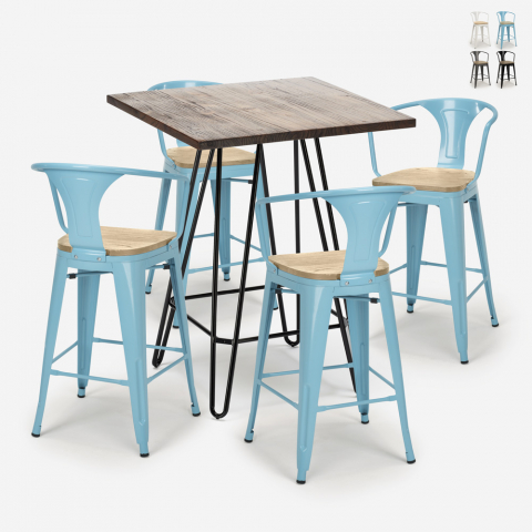 Industriële set met 4 barkrukken en een tafel 60x60 cm Mason Noix Top Light Aanbieding