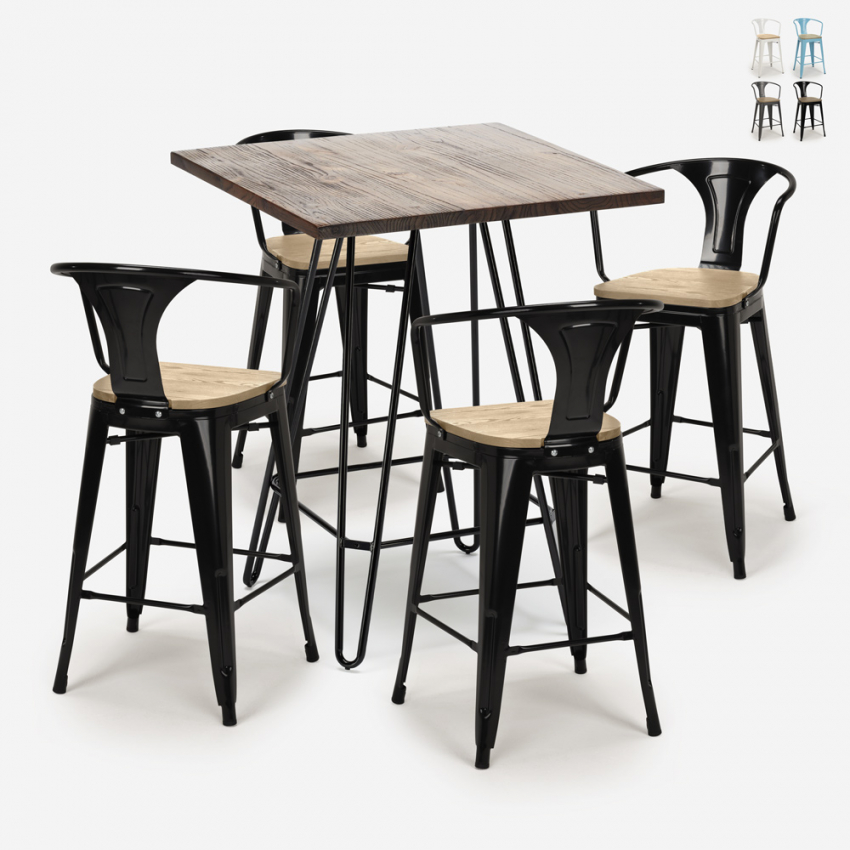 Industriële set met 4 barkrukken en een tafel 60x60 cm Mason Noix Top Light Korting