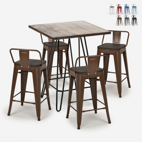 Industriële set met 4 barkrukken en een tafel 60x60 cm Mason Noix Steel Top Aanbieding