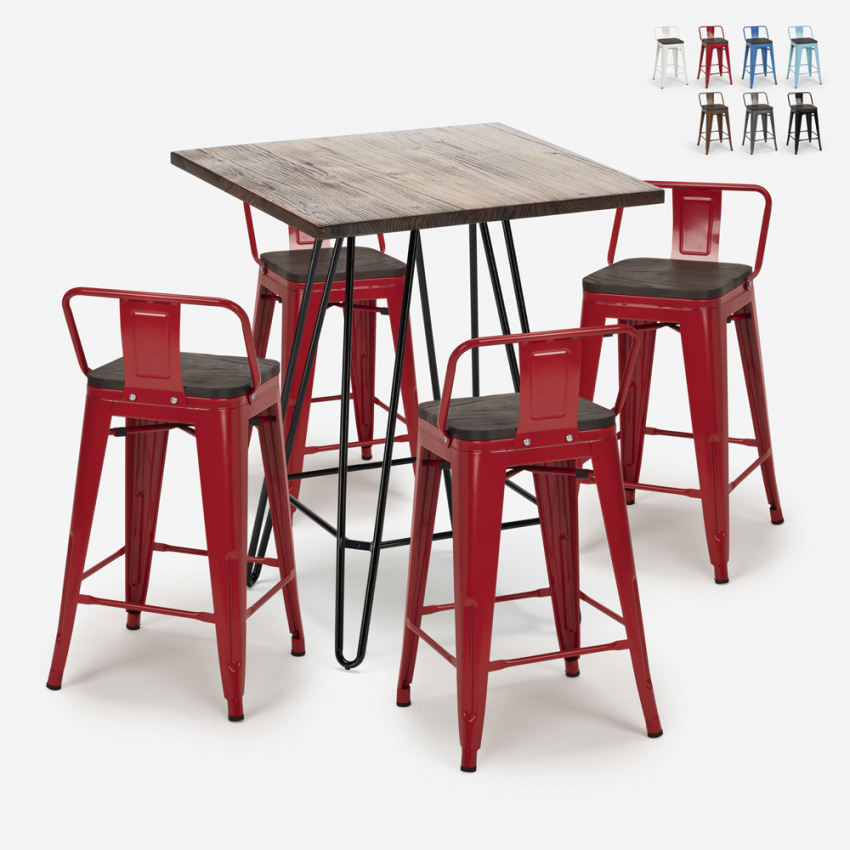 Industriële set met 4 barkrukken en een tafel 60x60 cm Mason Noix Steel Top Voorraad Industriële set met 4 barkrukken en een tafel 60x60 cm Mason Noix Steel Top Voorraad