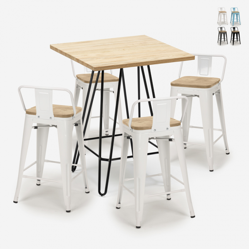 Industriële set met 4 barkrukken en een tafel 60x60 cm Mason Steel Top Light Korting