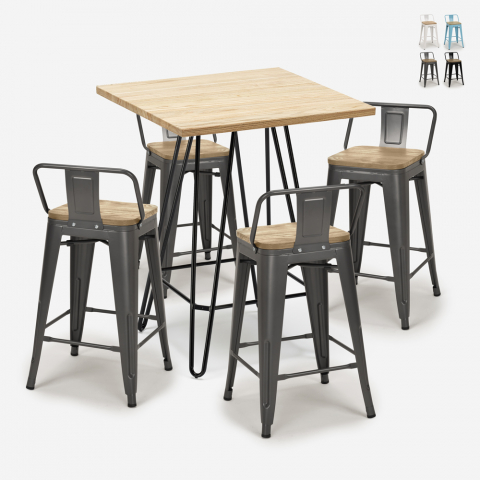 Industriële set met 4 barkrukken en een tafel 60x60 cm Mason Steel Top Light Aanbieding