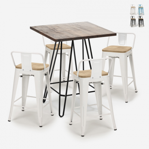 Industriële set met 4 barkrukken en een tafel 60x60 cm Mason Noix Steel Top Light Aanbieding