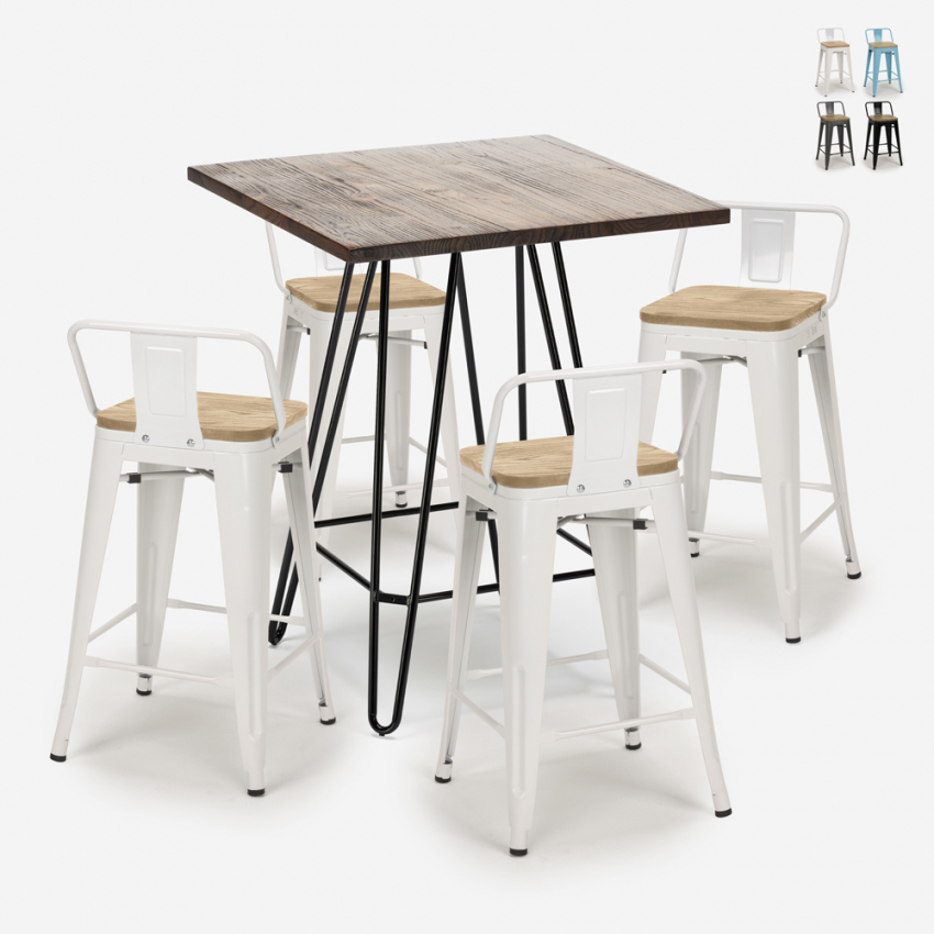 Industriële set met 4 barkrukken en een tafel 60x60 cm Mason Noix Steel Top Light Aanbieding