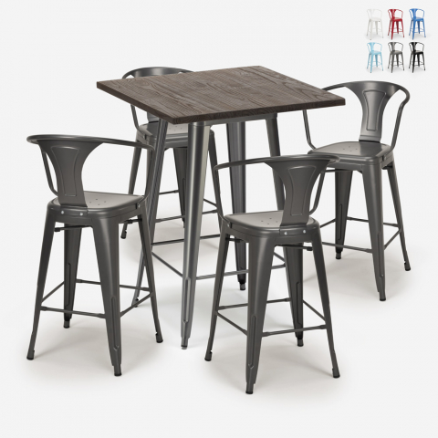 Industriële set met hoge tafel 60x60 cm en 4 barkrukken Bruck Aanbieding