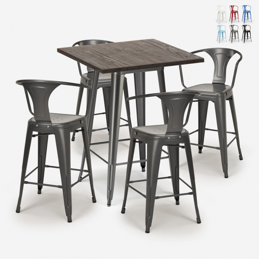 Industriële set met hoge tafel 60x60 cm en 4 barkrukken Bruck Aanbieding Industriële set met hoge tafel 60x60 cm en 4 barkrukken Bruck Aanbieding