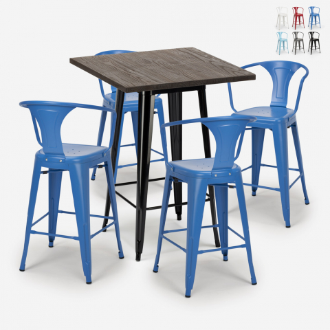 Industriële set met hoge tafel 60x60 cm en 4 barkrukken Bruck Black Aanbieding
