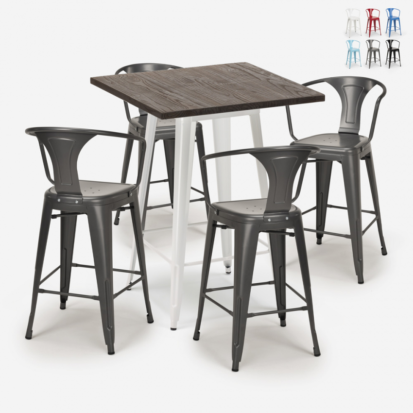 Industriële set met hoge tafel 60x60 cm en 4 barkrukken Bruck White Korting Industriële set met hoge tafel 60x60 cm en 4 barkrukken Bruck White Korting