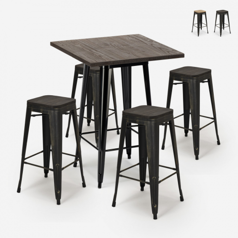 Bar set 4 tolix krukken hout industriële hoge tafel 60x60cm Bent Black Aanbieding