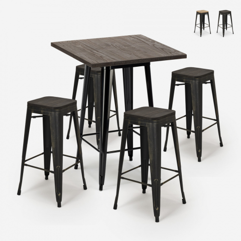 Industriële set met hoge bartafel 60x60 cm en 4 barkrukken Bent Black Aanbieding
