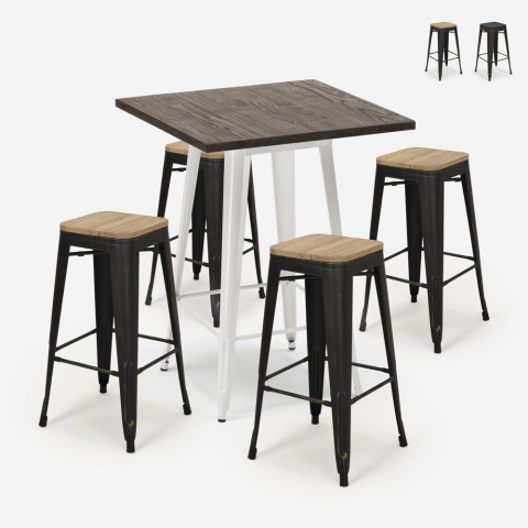 Industriële set met hoge bartafel 60x60 cm en 4 barkrukken Bent White Aanbieding