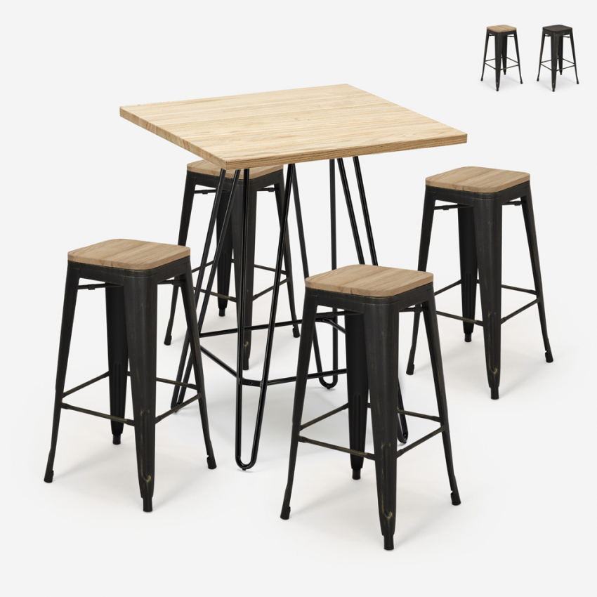 Industriële set met 4 barkrukken en hoge tafel 60x60 cm Oudin Verkoop