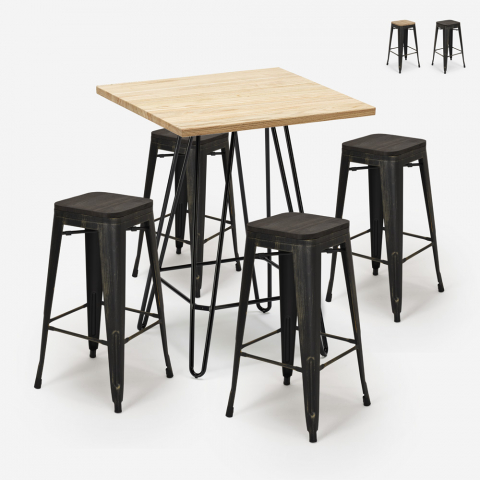 Industriële set met 4 barkrukken en hoge tafel 60x60 cm Oudin Aanbieding