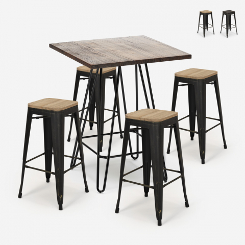 Industriële set met 4 barkrukken en hoge tafel 60x60 cm Oudin Noix Aanbieding