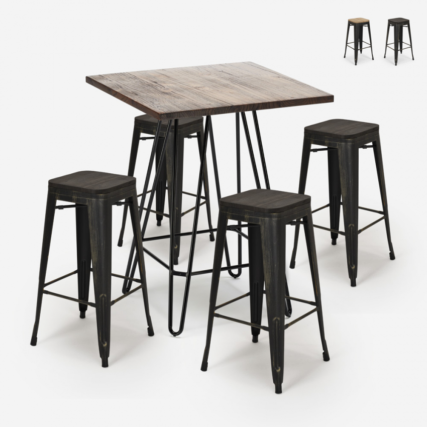 Industriële set met 4 barkrukken en hoge tafel 60x60 cm Oudin Noix Verkoop