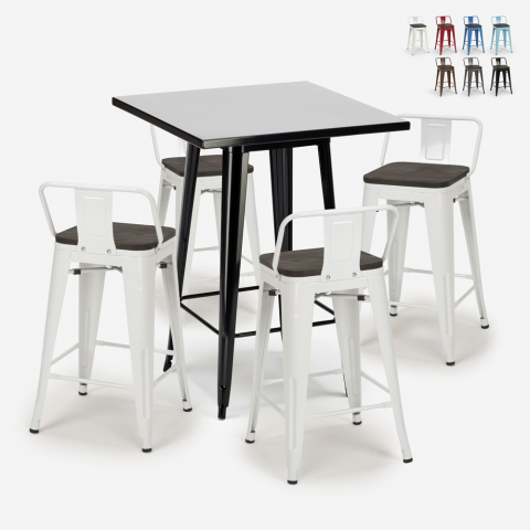 Set met hoge zwarte metalen tafel 60x60 cm en 4 barkrukken Buch Black Aanbieding